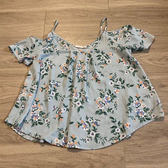 Lush blue spring floral cold shoulder cropped blouse size XS - Picture 1 of 7